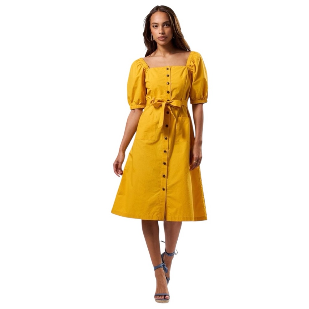 Amour Vert Organic Cotton Square Neck Button Front Midi Dress NWT Large